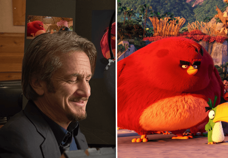 Sean Penn recording the voice for his grumpy Angry Birds character Terence, right