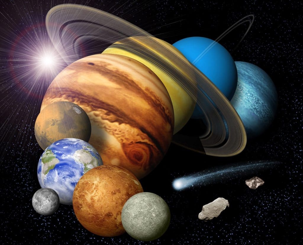 Collage of the planets and other objects in our solar system
