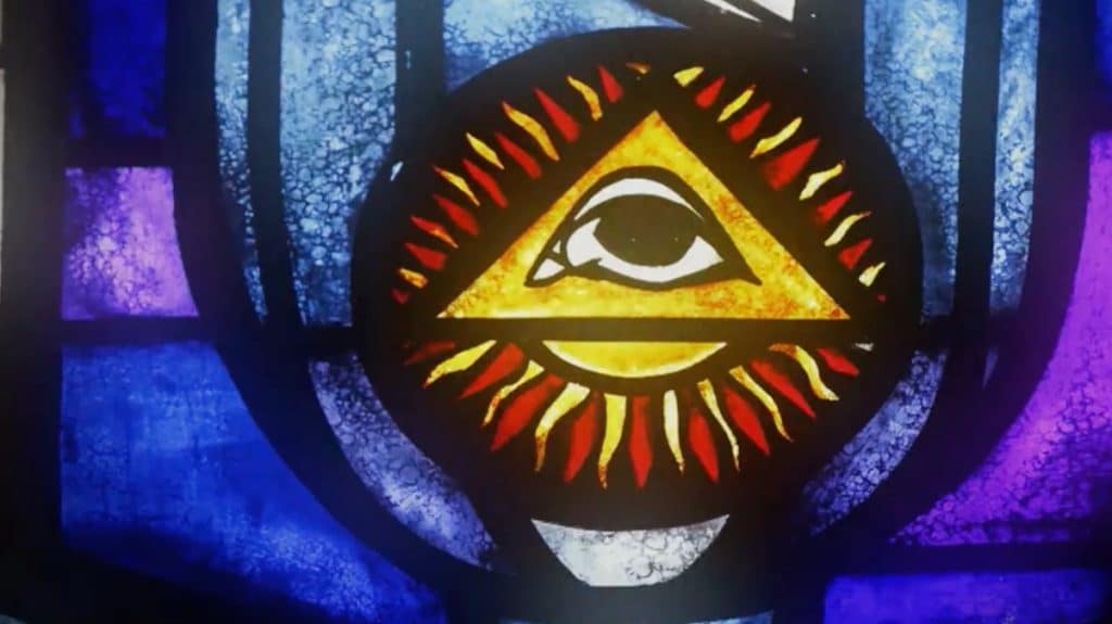The all-seeing eye in a stained glass window
