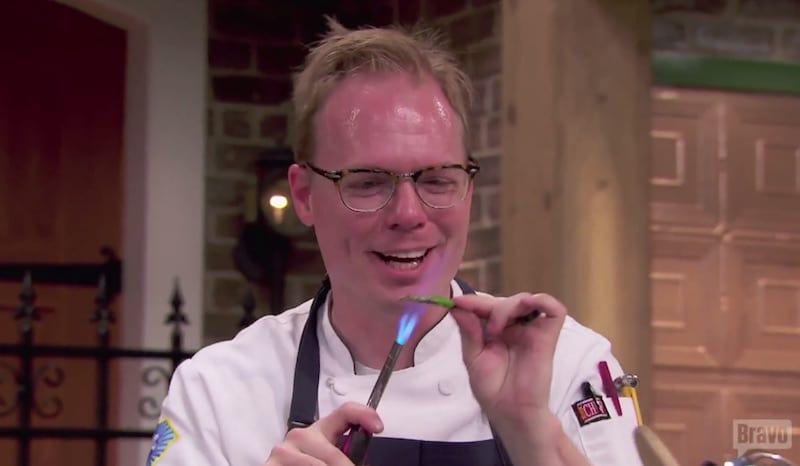 Jim Smith sweats as he fires some chillies to go with his 'blowtorched bison' on Top Chef
