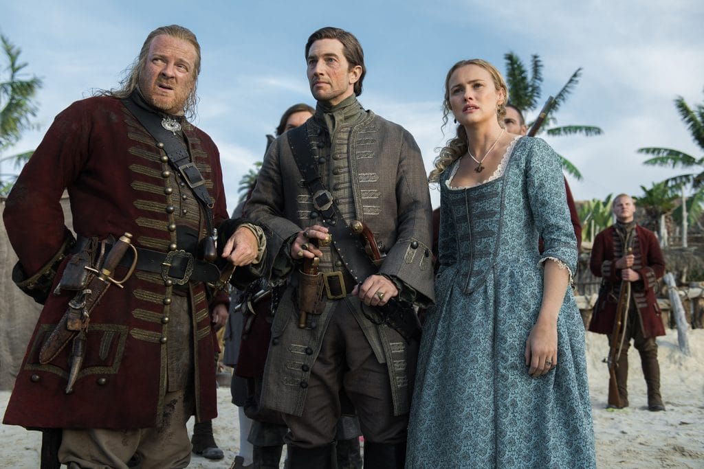 Captain Berringer with Woodes Rogers and Eleanor in Black Sails