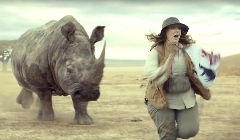 Melissa McCarthy being chased by a rhino in the 2017 Kia Niro Super Bowl commercial
