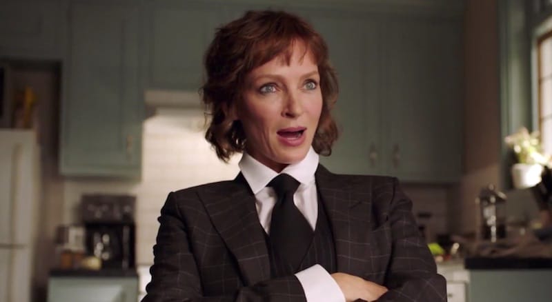 Uma Thurman as Lenny Cohen talking to Maddie in this week's episode of Imposters