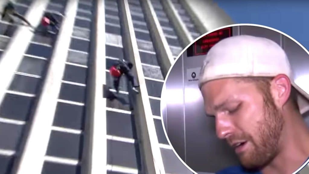 Scott breaks down over the rappelling Roadblock challenge on this week's The Amazing Race