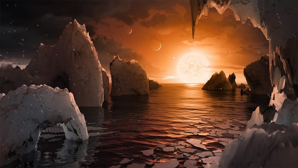 Aristist's concept of landing on TRAPPIST-1f, one of the exoplanet in the TRAPPIST-1 planetary system. The system is only 40 light years from Earth and has eight Earth-sized planets.