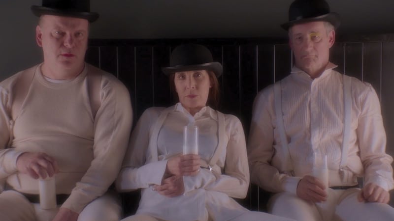 Robert Clohessy as Frank, Laurie Simmons as Ellie, John Rothman as John, all portraying characters from A Clockwork Orange in My Art