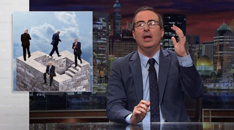 John Oliver discussing Donald Trump on Last Week Tonight. Picture behind him says 'Stupid Watergate'