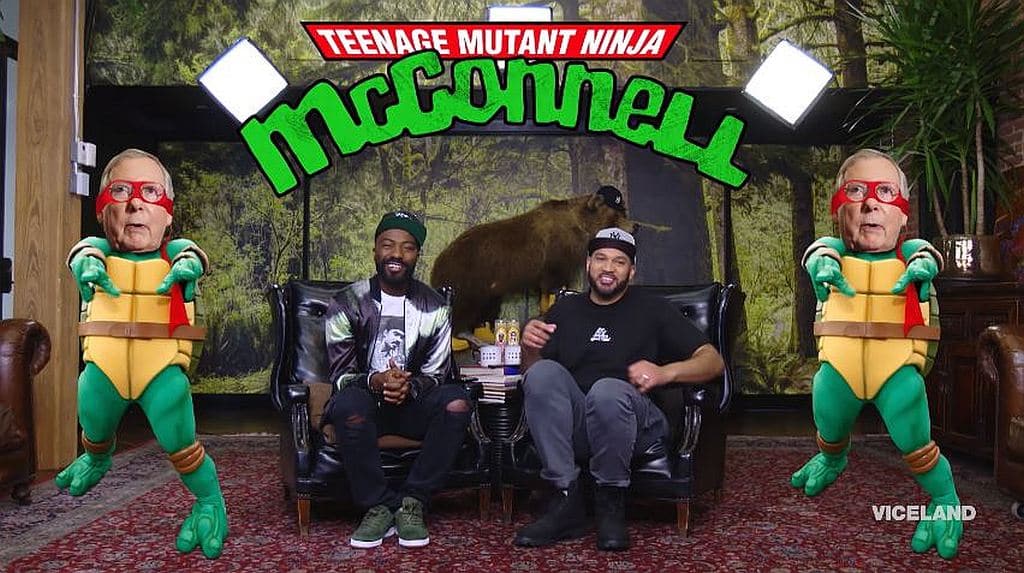 Desus Nice and Kid Mero, with a TMNT logo and pictures of Mitch McConnell made up as a ninja turtle