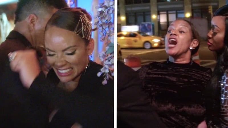 Separate screen captures of Evelyn Lozada and Jackie Christie during the fight on Basketball Wives