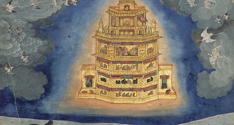 Images of the Pushpaka Vimana, a glowing golden flying palace