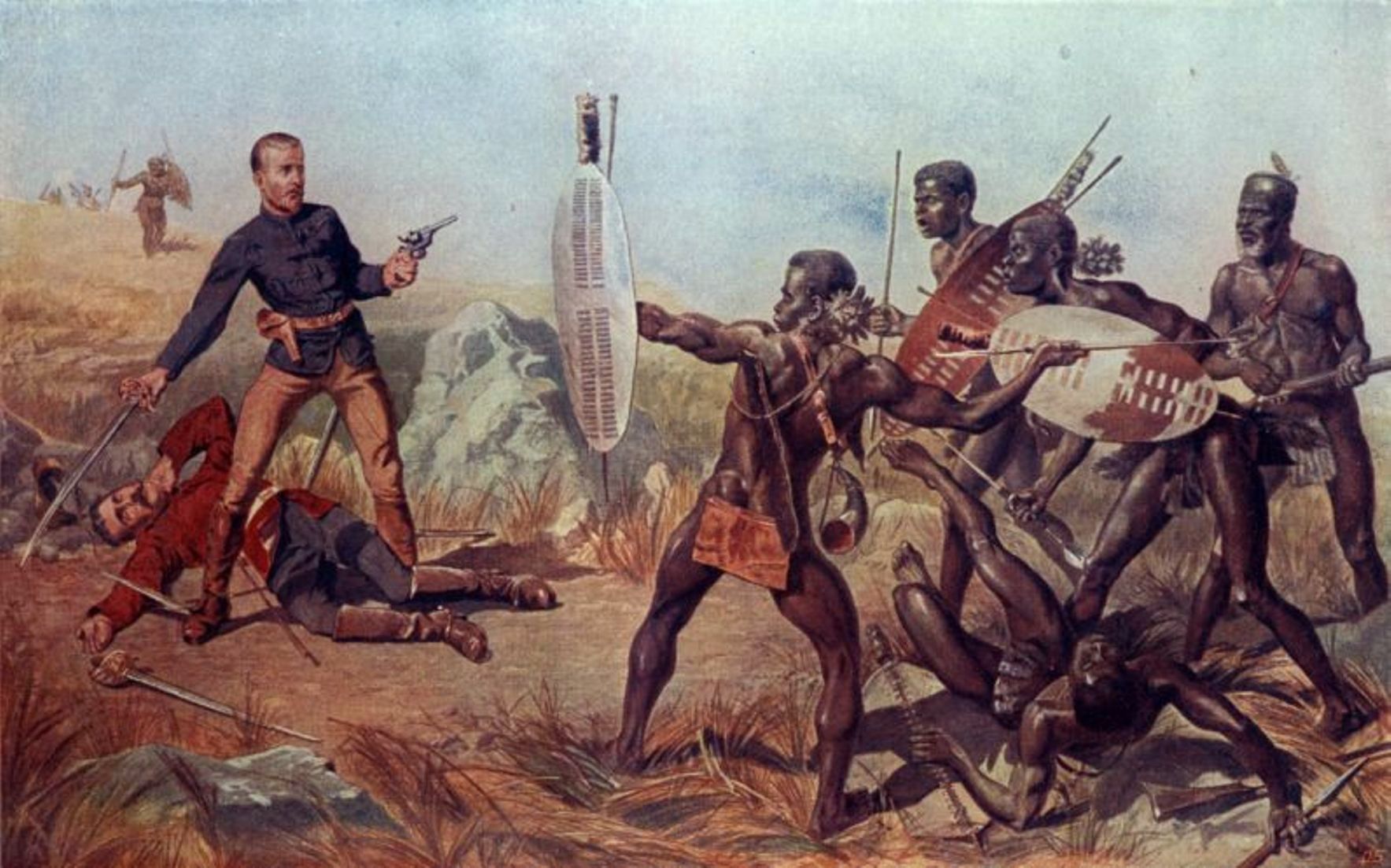 Painting of Zulu warriors in battle against European army using their short spears and rushign tactic to overwhelm the better armed soldiers