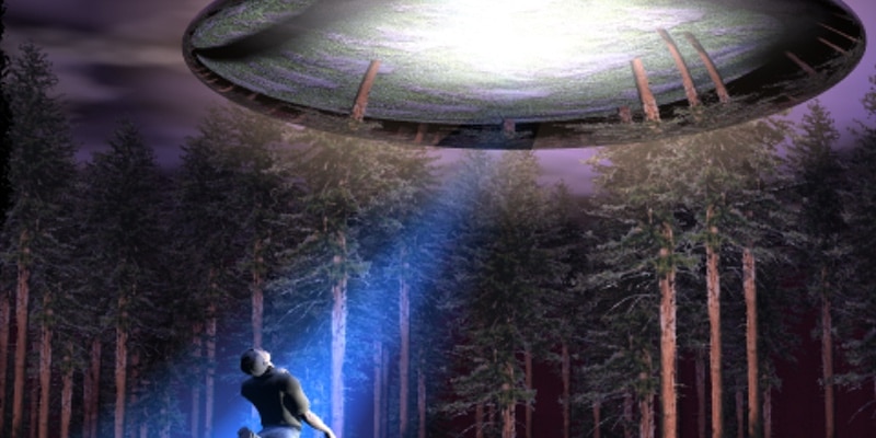 Illustration of a man being transported up to a UFO with a beam of light