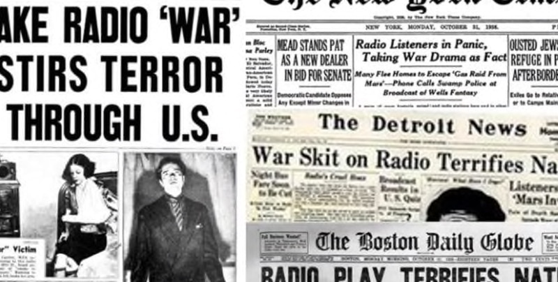 Newspaper cuttings from the day after Orson Wells broadcast HG Wells The War of the Worlds on radio