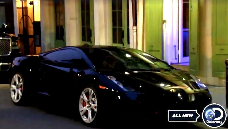 A black Lamborghini outside a bar on Street Outlaws: New Orleans