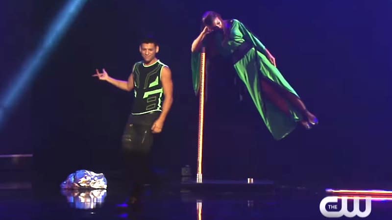 RJ Cantu as a woman appears to partially levitate on the Masters of Illusion stage