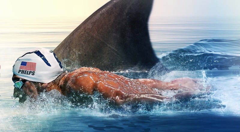Artwork depicting Michael Phelps racing a great white shark