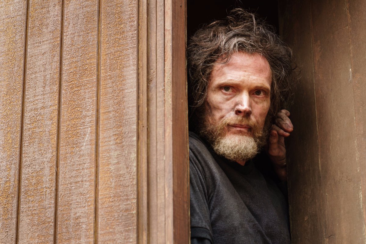 Paul Bettany as Ted Kaczynski peering out a wooden cabin's door in Manhunt: Unabomber