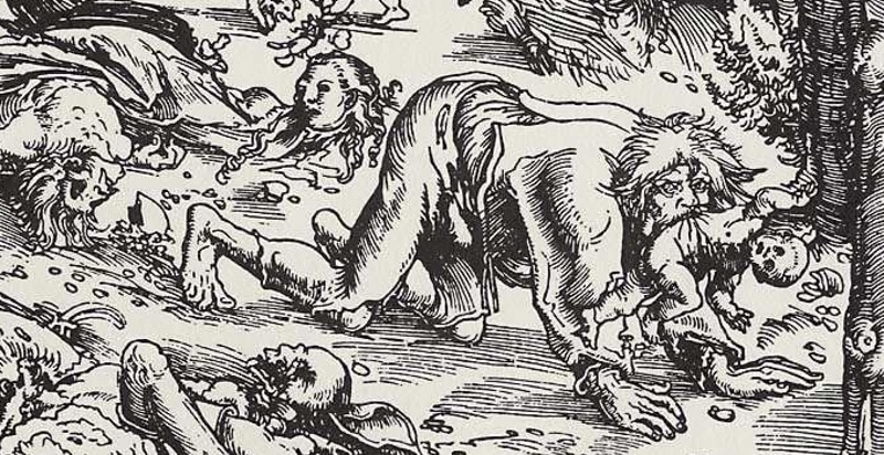 Early drawing of woodcut of a werewolf featuring a man with big teeth on all fours with a child in his mouth