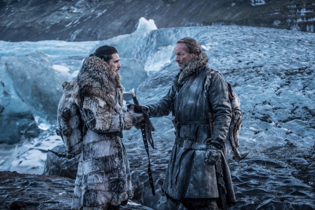 Snow giving Mormont his family sword, rebuffed as Jorah says he no longer has claim to it