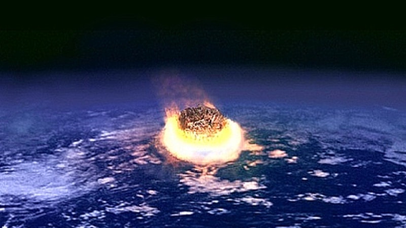 Painting of asteroid exploding as it hits Earth