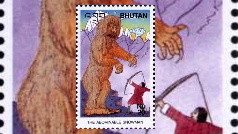 A Bhutanese stamp showing a man shooting an arrow at a Yeti