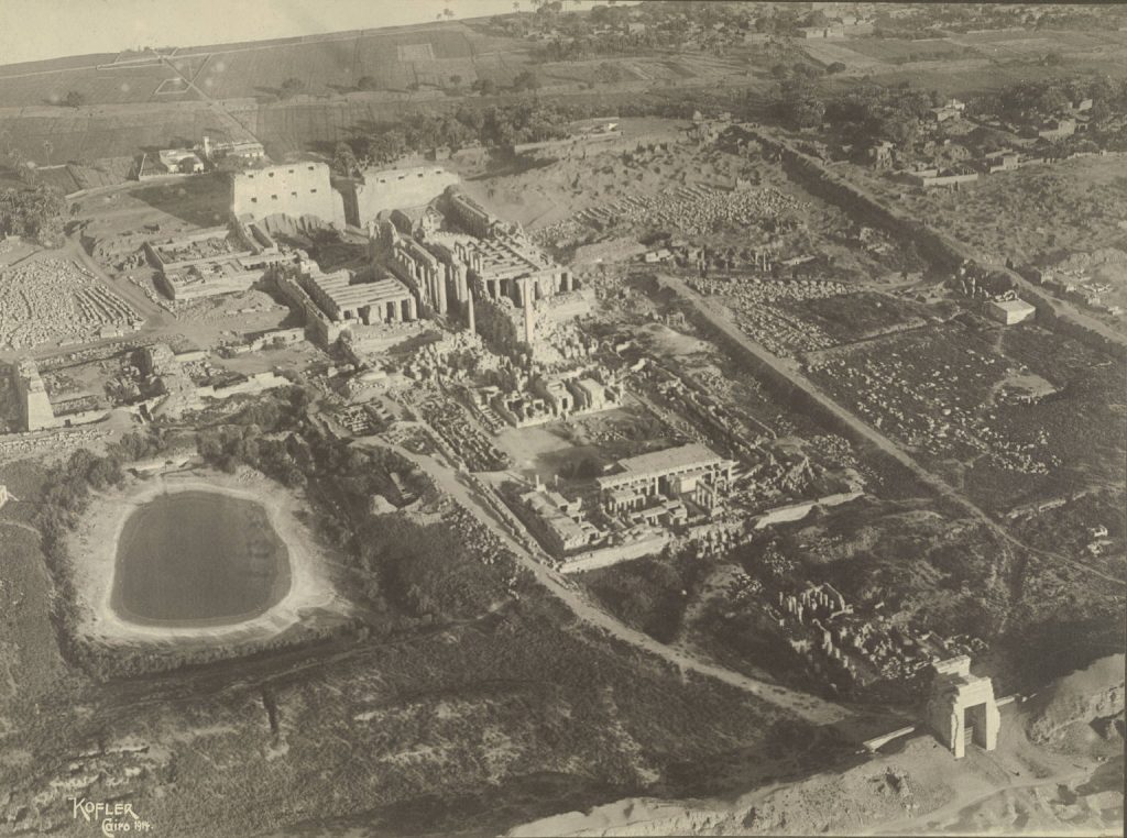 The temple complex at Karnak in 1914 in black and white aerial shot