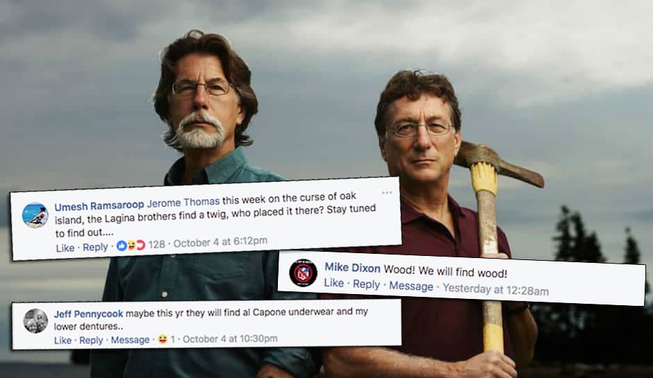 Rick and Marty Lagina from The Curse of Oak Island and three Facebook comments