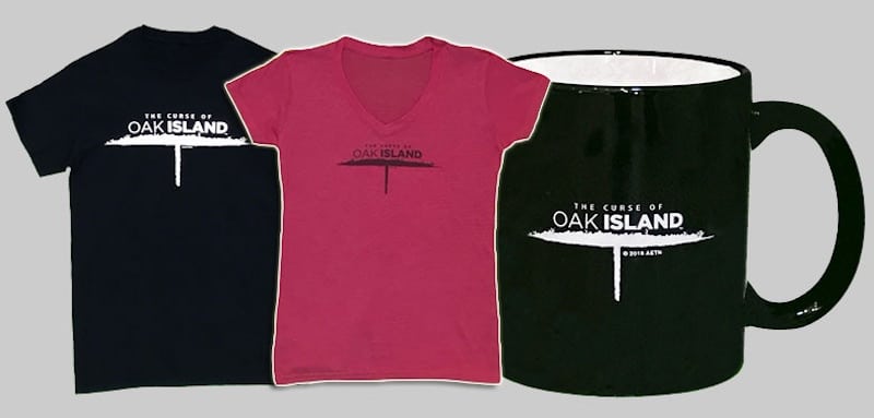 Official merchandise t-shirts and a mug for The Curse of Oak Island