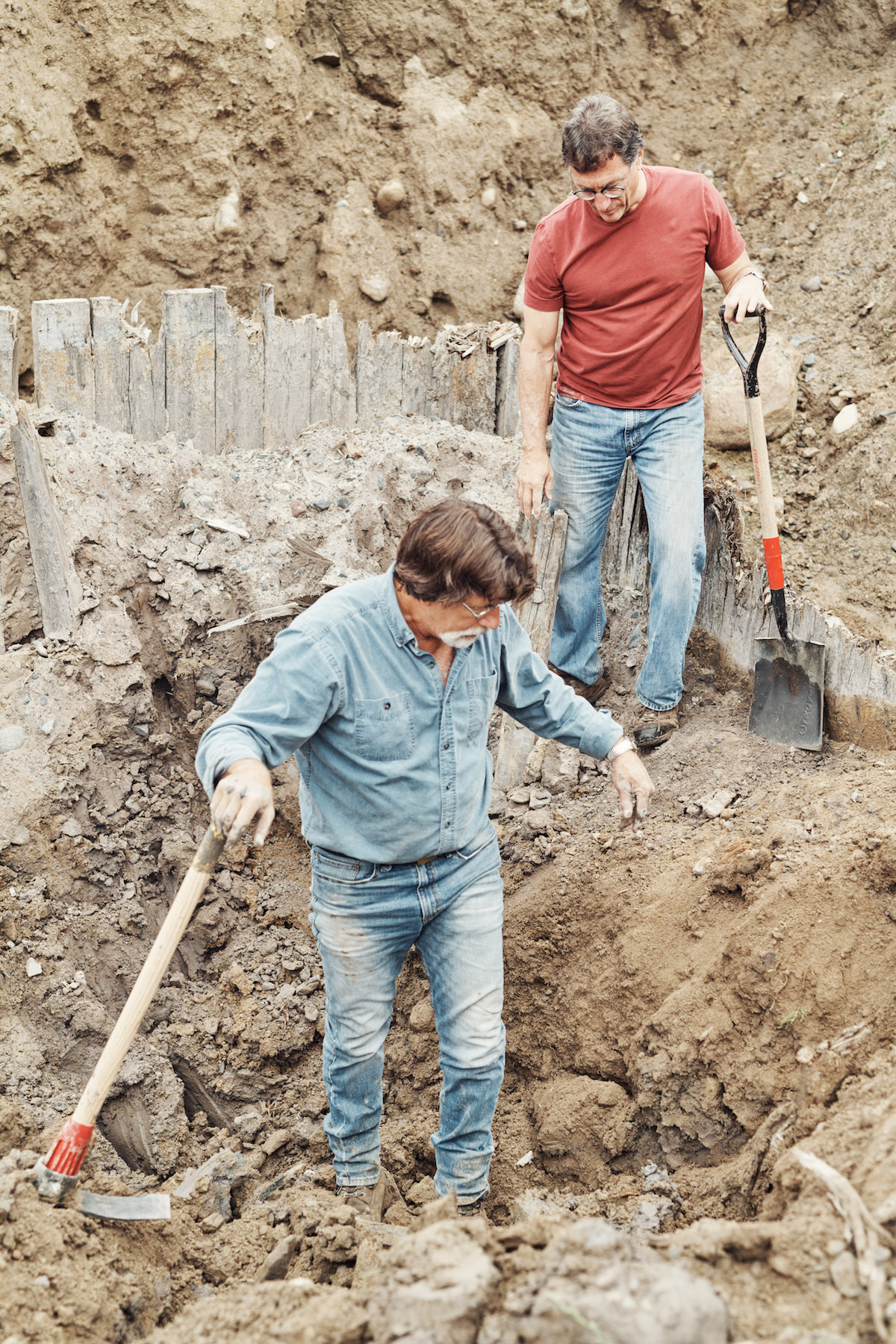 Marty and Rick Lagina inside an excavated hole on on The Curse of Oak Island Season 5