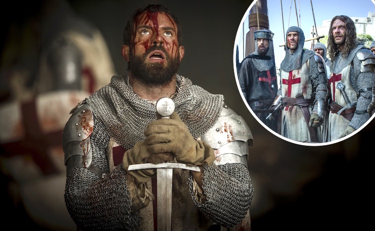 Tom Cullen as Landry and members of the Knights Templar in Knightfall on History