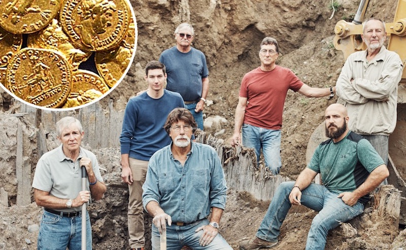 The team on The Curse of Oak Island Season 5 and inset of gold coins