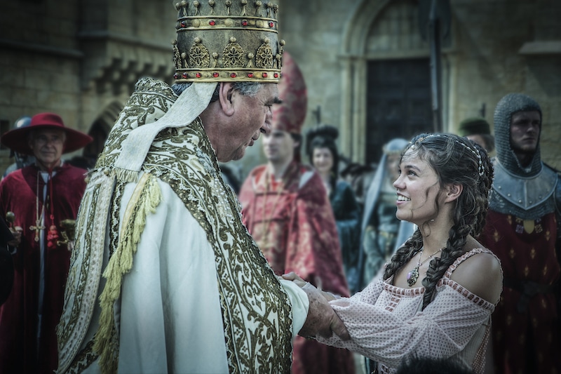 Pope Boniface VIII of France (Jim Carter) and Princess Isabella (Sabrina Bartlett) from HISTORY's New Drama Series Knightfall.