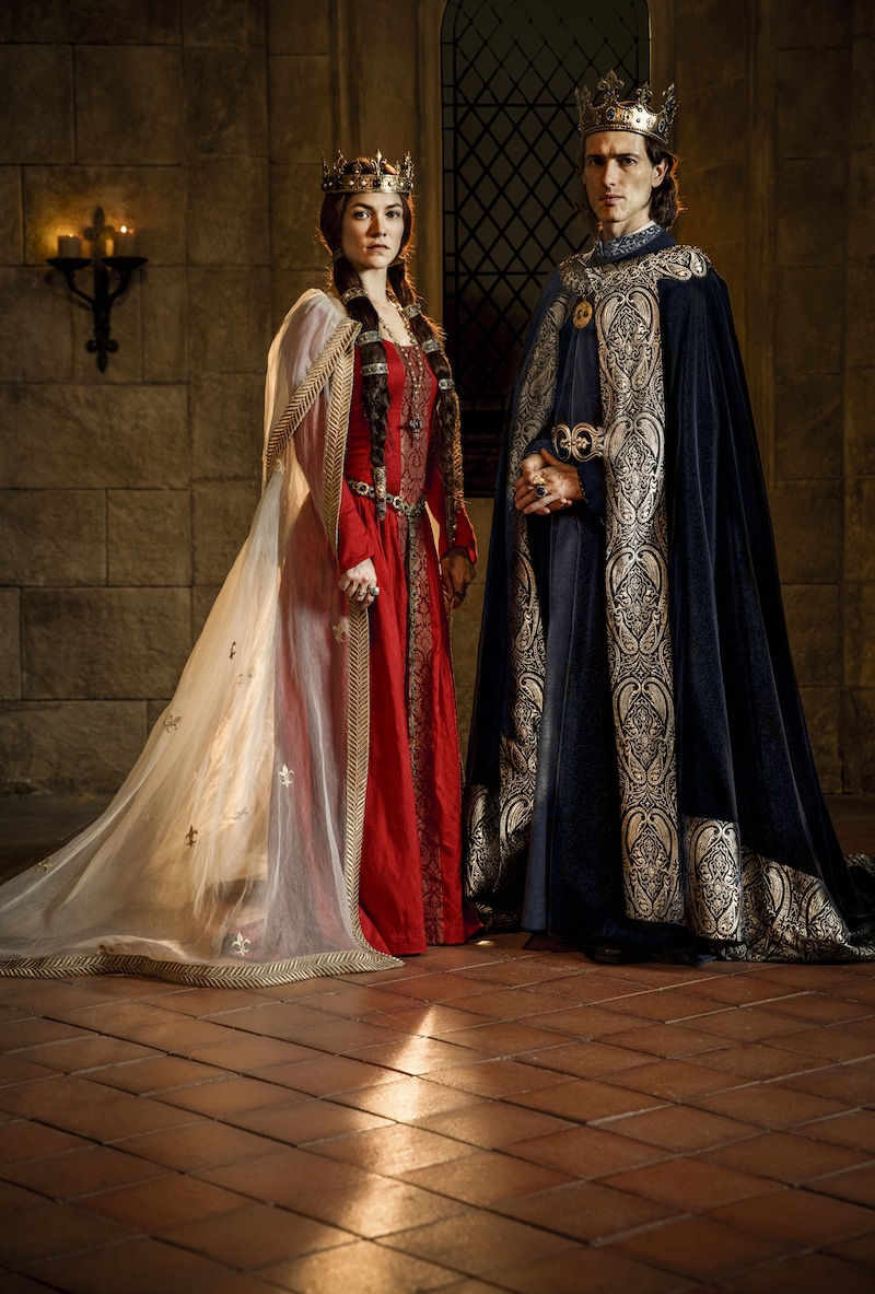 Queen Joan of Navarre (Olivia Ross) and King Philip IV of France (Ed Stoppard) from HISTORY's New Drama Series Knightfall. 