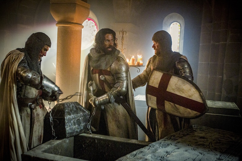 L to R: Templar Knight Tancrede (Simon Merrells), Templar Knight Landry (Tom Cullen) and Templar Knight Gawain (Pádraic Delaney) from HISTORY's New Drama Series Knightfall.