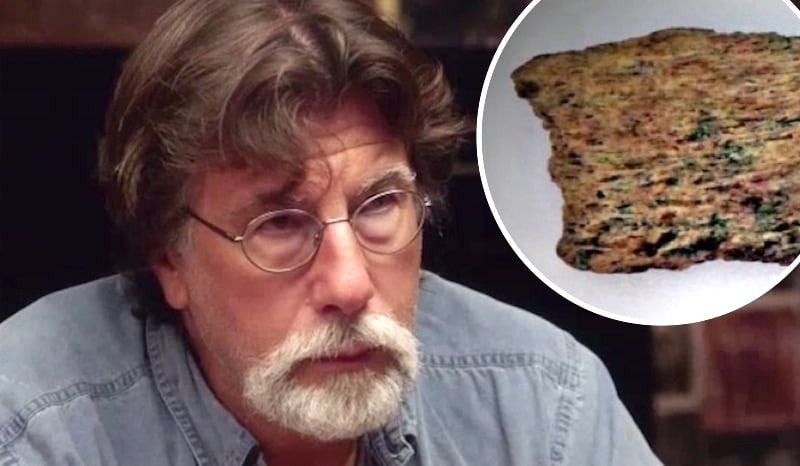 Rick Lagina and a fragment of human bone on The Curse of Oak Island