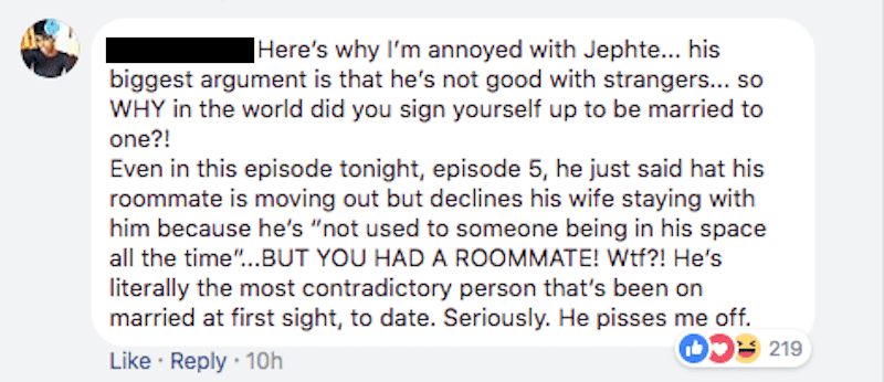 Married at First Sight Facebook comment