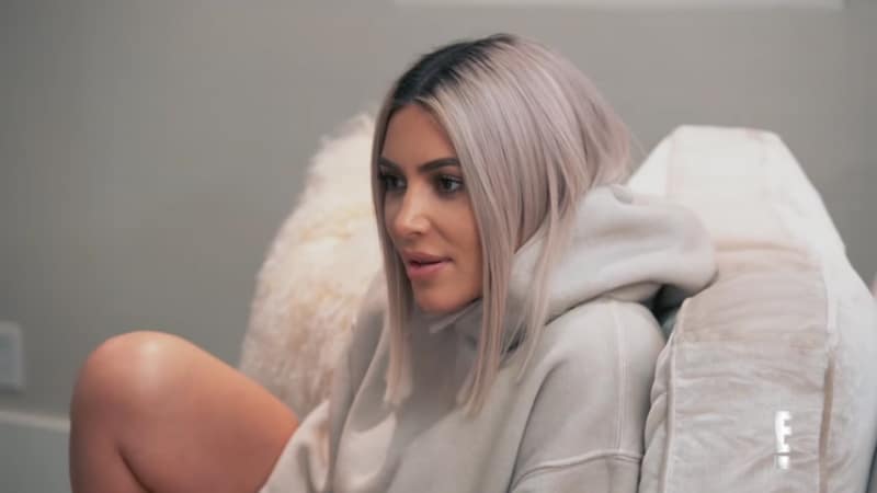 Kim Kardashian with platinum blonde hair on Season 15 of Keeping Up With The Kardashians