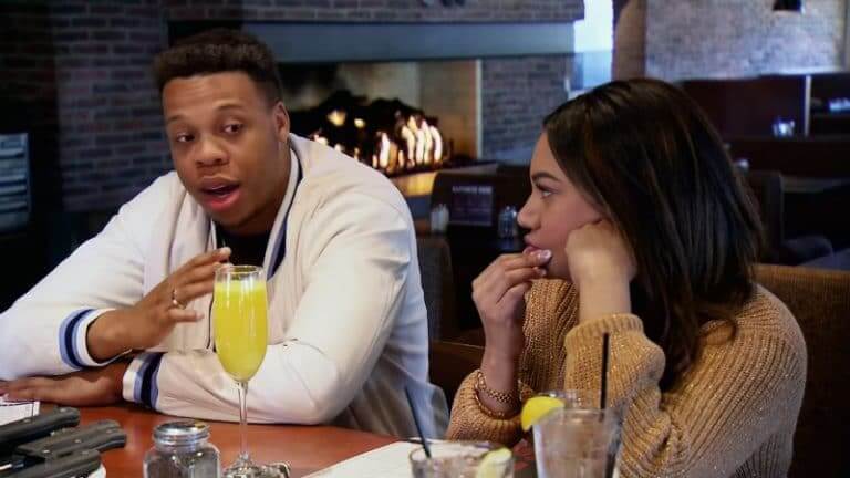 Tristan Thompson sitting next to Mia Bally at a restaurant on Married at First Sight