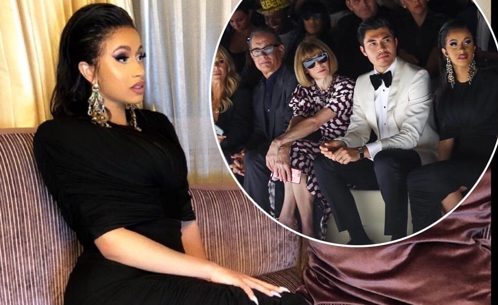 Cardi B in the photos she posted of herself sitting alongside Anna Wintour and Tom Hanks at New York Fashion Week