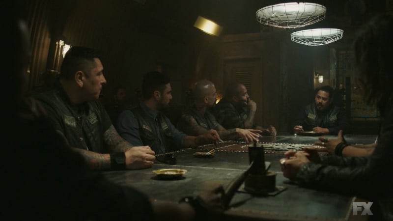 Still Image: Mayans M.C. Rata/Ch'o. Alvarez brings the Santo Padre Charter up to speed on Galindo and the M.C. arranges a sit down in the San Buho Casino. Pic Credit: FX