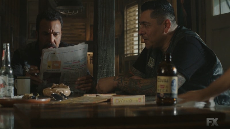 Still image from Mayans M.C. Gato/Mis. While Taza and Riz are in Vegas, Bishop and Hank continue to keep watch over Angel and Coco. Pic credit: FX