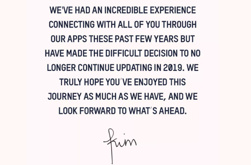 A note from Kim Kardashian about the end of the Kardashian and Jenner apps