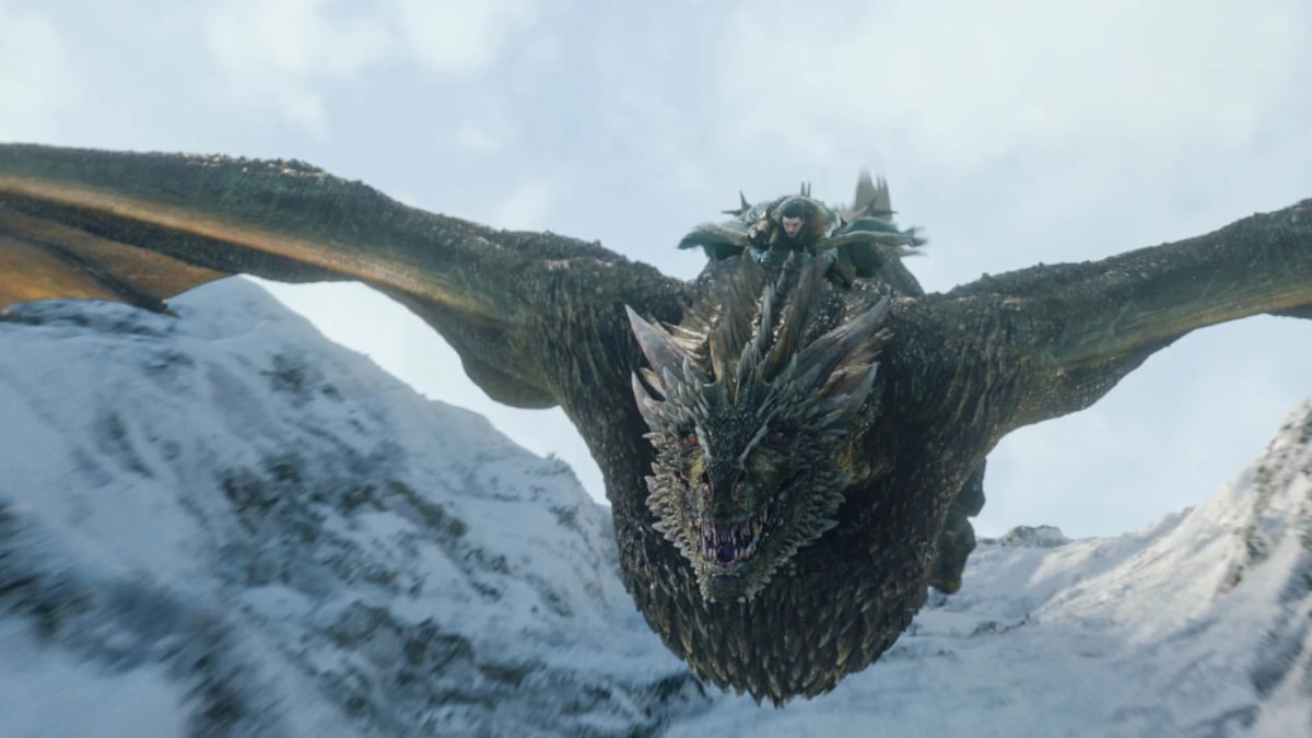 Jon Snow riding the dragon Rhaegal on Game of Thrones