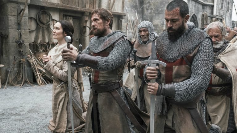 History Channel's 'Knightfall' Season 2, Episode 6, Blood Drenched Stone, Clair Cooper as Sister Anne, Simon Merrells as Tancrede, and Tom Cullen as Landry