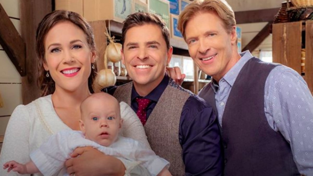 Erin Krakow, Paul Greene, and Jack Wagner pose on the set of When Calls the Heart