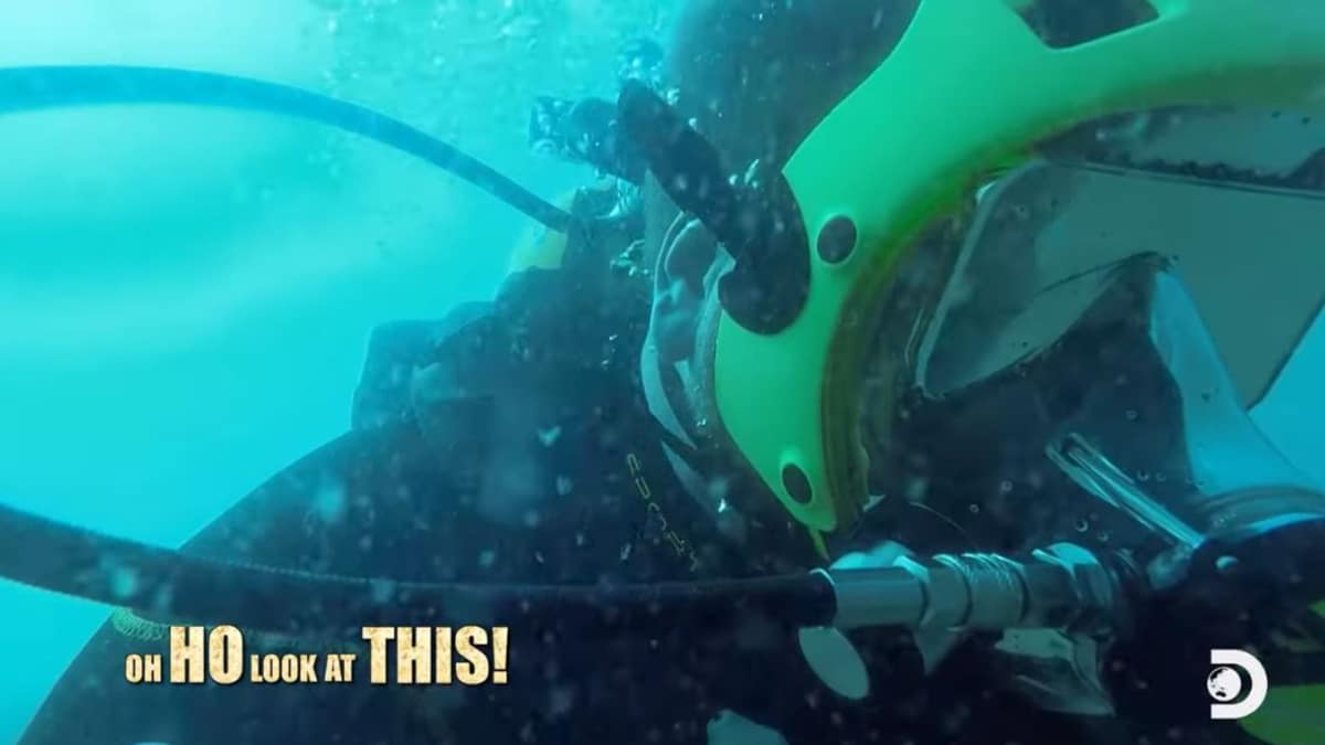 Josh Gates when he discovers the wreckage underwater. Pic credit: Discovery