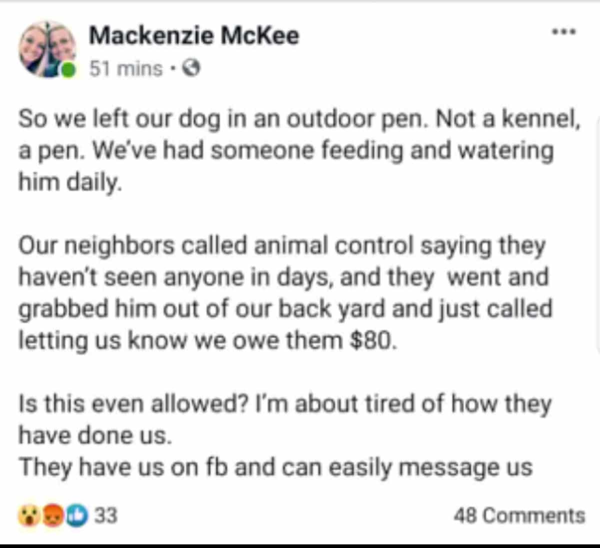 The post by Mackenzie McKee on Facebook