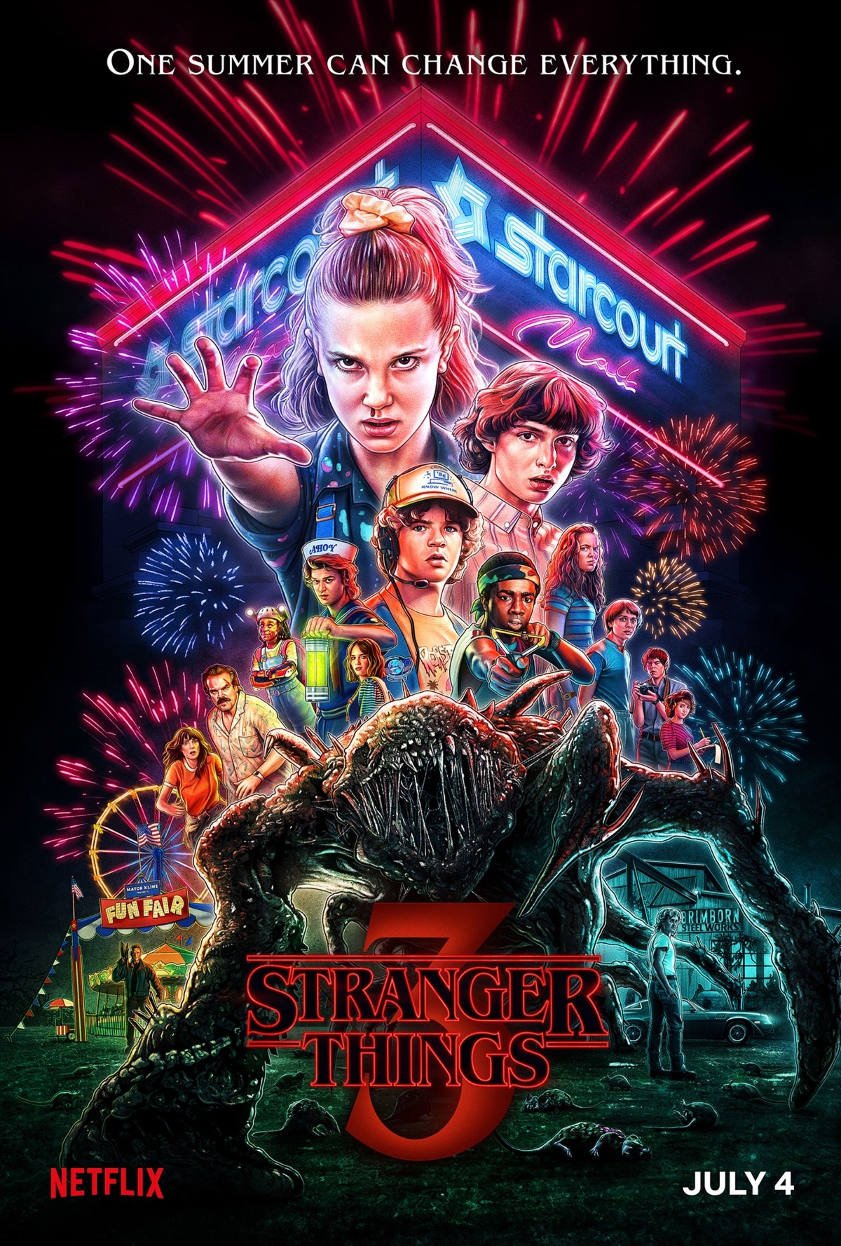 Season 3 poster for Stranger Things showing various cast members