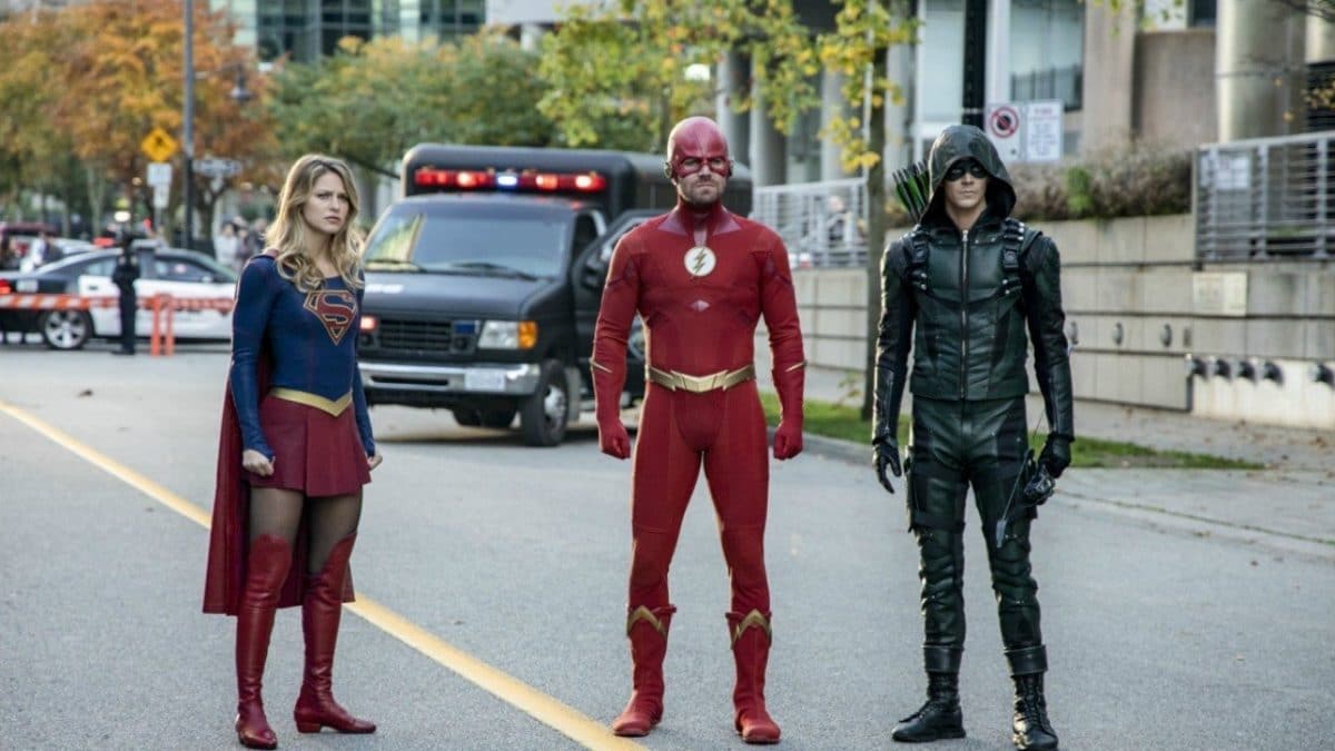 Melissa Benoist as Supergirl, Stephen Amell as The Flash, and Grant Gustin as Green Arrow in the Arrowverse crossover Elseworlds