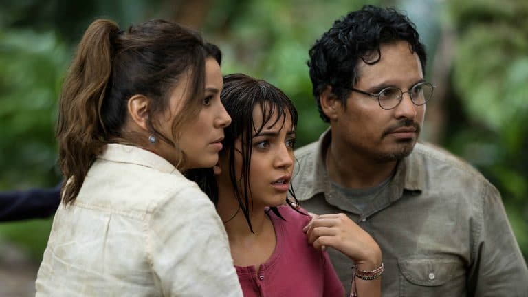 Eva Longoria, Isabela Moner and Michael Peña in the movie, Dora and the Lost City of Gold